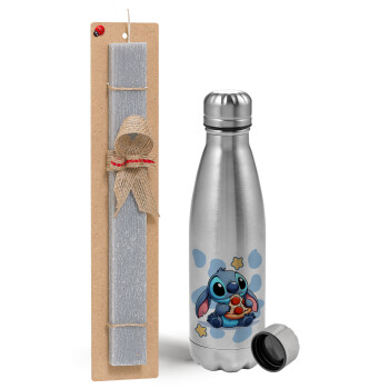 Stitch Pizza, Easter Set, metallic Inox water bottle (750ml) & aromatic flat Easter candle (30cm) (GRAY)