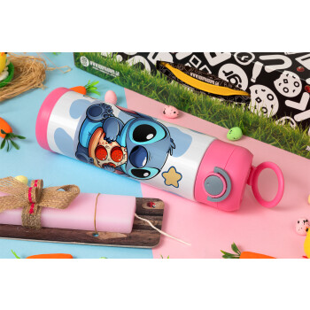 Stitch Pizza, Πασχαλινή Λαμπάδα με Παιδικό παγούρι θερμό, ανοξείδωτο, με καλαμάκι ασφαλείας, ΡΟΖ (500ml)