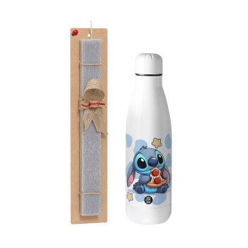 Stitch Pizza, Easter Set, metallic stainless thermos bottle (500ml) & scented flat Easter candle (30cm) (GRAY)
