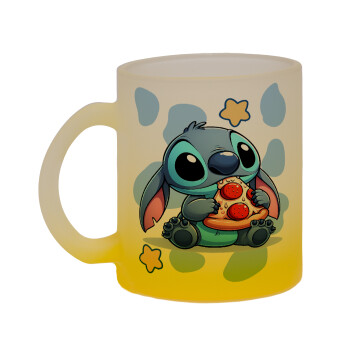 Stitch Pizza, Κούπα γυάλινη δίχρωμη με βάση το κίτρινο ματ, 330ml