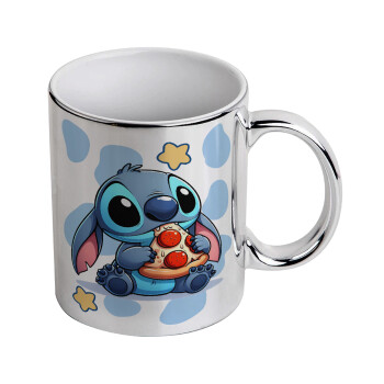 Stitch Pizza, Κούπα κεραμική, ασημένια καθρέπτης, 330ml