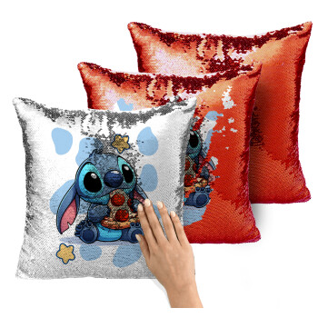Stitch Pizza, Μαξιλάρι καναπέ Μαγικό Κόκκινο με πούλιες 40x40cm περιέχεται το γέμισμα