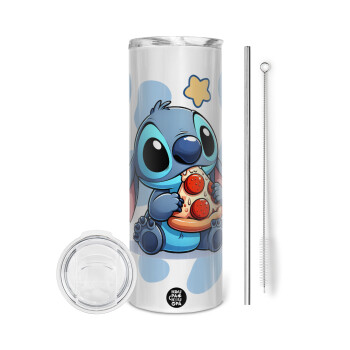 Stitch Pizza, Eco friendly stainless steel tumbler 600ml, with metal straw & cleaning brush