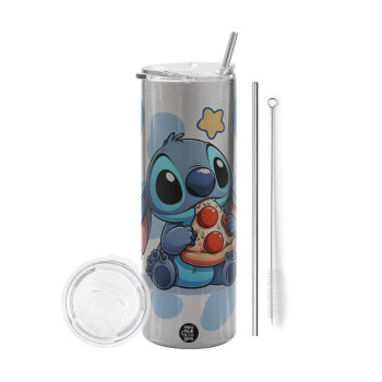 Stitch Pizza, Tumbler ποτήρι θερμό Ασημένιο από ανοξείδωτο ατσάλι 600ml, με μεταλλικό καλαμάκι & βούρτσα καθαρισμού