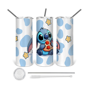 Stitch Pizza, Tumbler ποτήρι θερμό από ανοξείδωτο ατσάλι 600ml, με μεταλλικό καλαμάκι & βούρτσα καθαρισμού
