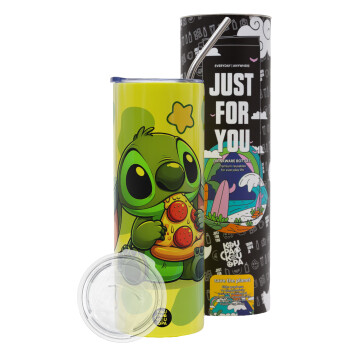Stitch Pizza, Neon Yellow Travel Tumbler, with metal straw (Stainless steel 304 Food grade, BPA free, 600ml)