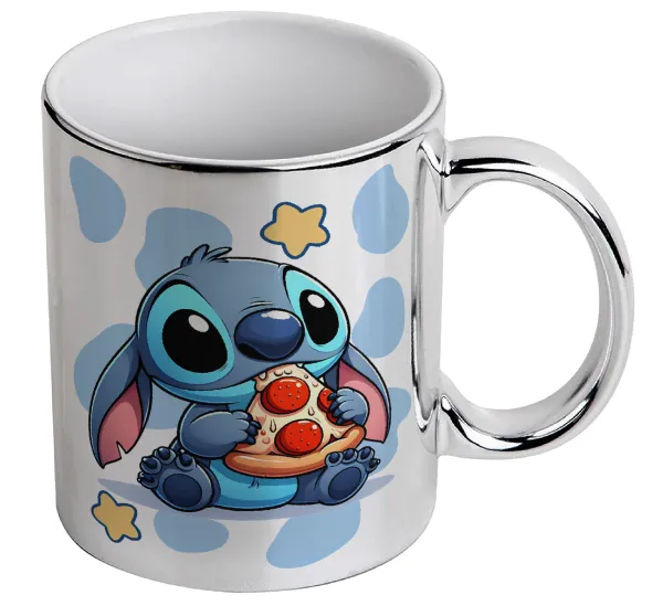 Stitch Pizza — Κούπα κεραμική, ασημένια καθρέπτης, 330ml