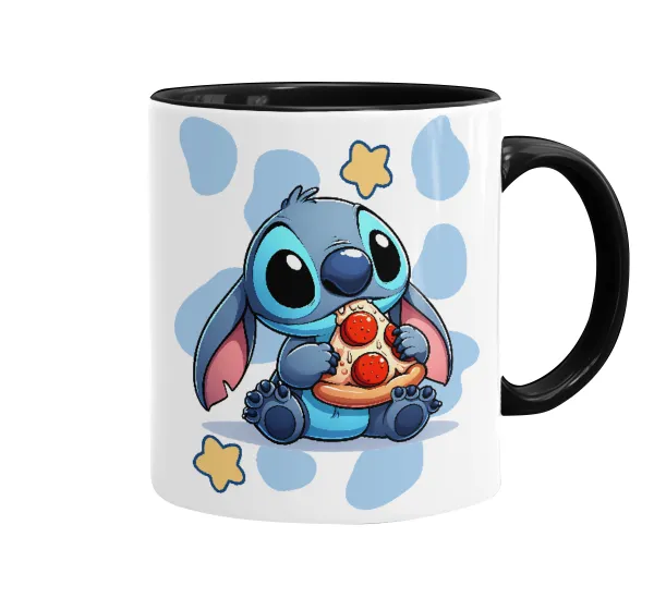 Stitch Pizza — Κούπα χρωματιστή μαύρη, κεραμική, 330ml