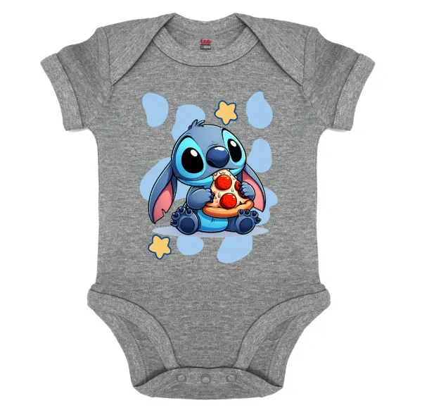 Stitch Pizza — Βρεφικό φορμάκι μωρού, 0-18 μηνών, ΓΚΡΙ ΜΕΛΑΝΖΕ, 100% Organic Cotton, κοντομάνικο