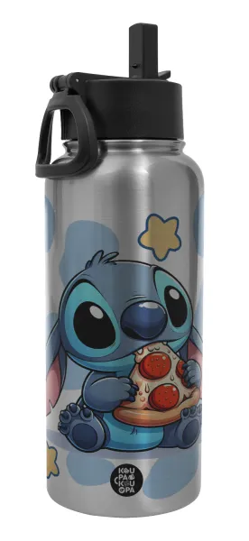 Stitch Pizza — Metal mug thermo Silver with Straw and Spout Lid (Stainless steel), double wall, 950ml