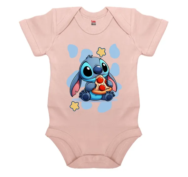 Stitch Pizza — Βρεφικό φορμάκι μωρού, 0-18 μηνών, ΡΟΖ POWDER, 100% Organic Cotton, κοντομάνικο