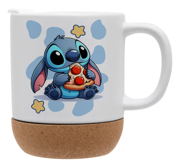 Stitch Pizza — Κούπα, κεραμική με βάση φελού και καπάκι (ΜΑΤ), 330ml