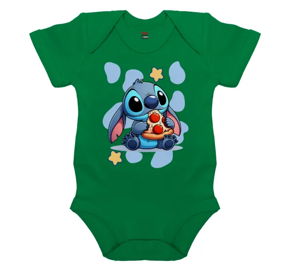 Stitch Pizza — Βρεφικό φορμάκι μωρού, ΠΡΑΣΙΝΟ, 100% Organic Cotton, κοντομάνικο