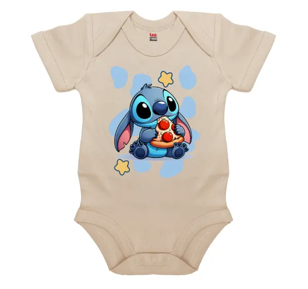 Stitch Pizza — Short-sleeve baby bodysuit, 0-18 months, natural (ecru), 100% organic cotton