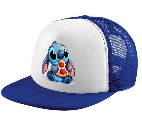 Stitch Pizza — Adult Soft Trucker Hat with Blue/White Mesh (POLYESTER, ADULT, UNISEX, ONE SIZE)