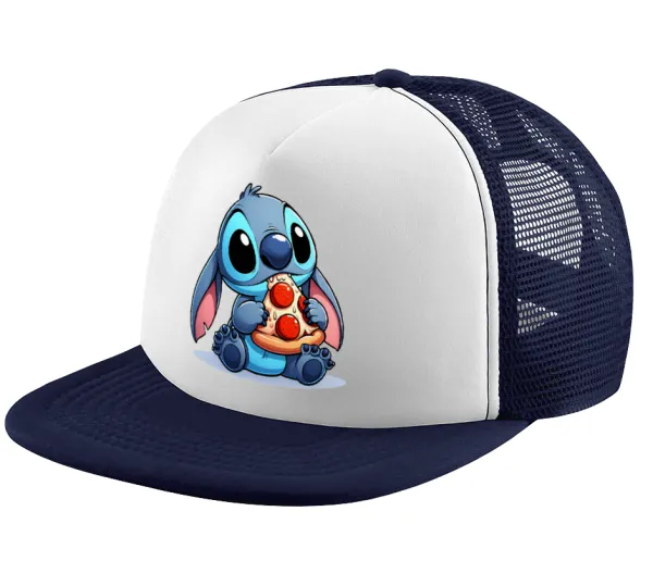 Stitch Pizza — Adult Soft Trucker Hat with Dark Blue/White Mesh (POLYESTER, ADULT, UNISEX, ONE SIZE)