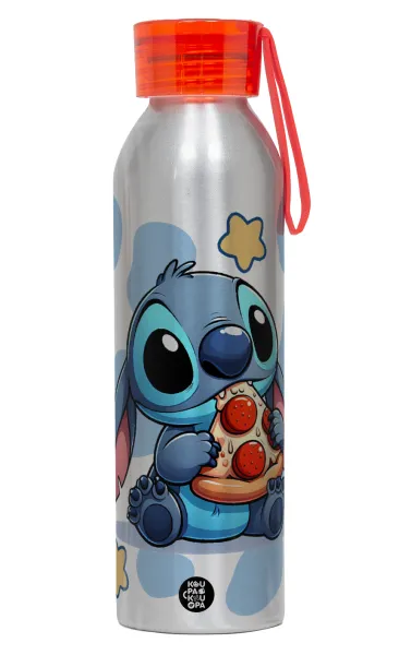 Stitch Pizza — Αλουμινένιο Αθλητικό Μπουκάλι 650ml – Ασημί με Κόκκινο Καπάκι και Λουράκι Σιλικόνης