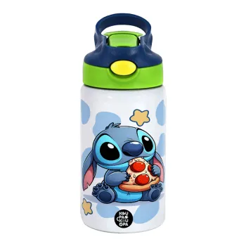 Stitch Pizza, Παιδικό παγούρι θερμό, ανοξείδωτο, με καλαμάκι ασφαλείας, πράσινο/μπλε (350ml)