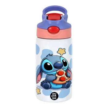Stitch Pizza, Παιδικό παγούρι θερμό, ανοξείδωτο, με καλαμάκι ασφαλείας, ροζ/μωβ (350ml)