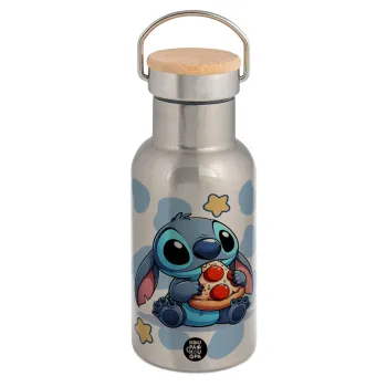 Stitch Pizza, Stainless steel metallic thermos flask, silver with a bamboo lid, double-walled, 350ml.