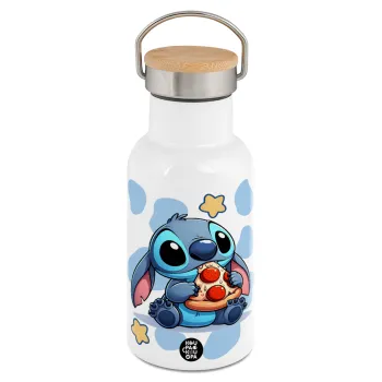 Stitch Pizza, Μεταλλικό παγούρι θερμός (Stainless steel) Λευκό με ξύλινο καπακι (bamboo), διπλού τοιχώματος, 350ml