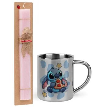 Stitch Pizza, Easter Set, metallic thermal cup (300ml) & aromatic flat Easter candle (30cm) (PINK)