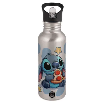 Stitch Pizza, Water bottle Silver with straw, stainless steel 600ml