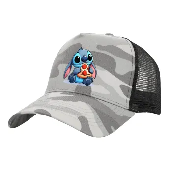 Stitch Pizza, Adult Structured Trucker Hat, with Mesh, (Camouflage) Army Camo (100% COTTON, ADULT, UNISEX, ONE SIZE)