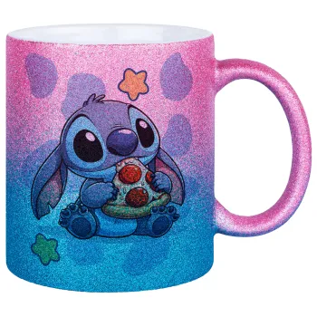 Stitch Pizza, Κούπα Χρυσή/Μπλε Glitter, κεραμική, 330ml