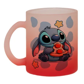 Stitch Pizza, Κούπα γυάλινη δίχρωμη με βάση το κόκκινο ματ, 330ml