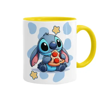 Stitch Pizza, Κούπα χρωματιστή κίτρινη, κεραμική, 330ml