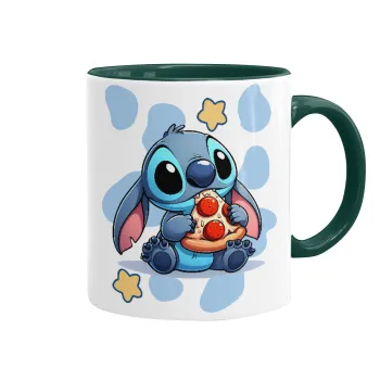 Stitch Pizza, Κούπα χρωματιστή πράσινη, κεραμική, 330ml