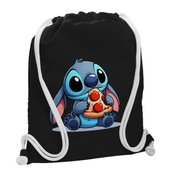 Stitch Pizza, Τσάντα πλάτης πουγκί GYMBAG Μαύρη, με τσέπη (40x48cm) & χονδρά λευκά κορδόνια