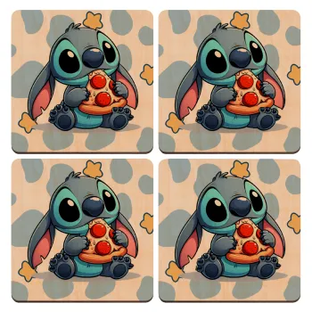 Stitch Pizza, ΣΕΤ x4 Σουβέρ ξύλινα τετράγωνα plywood (9cm)