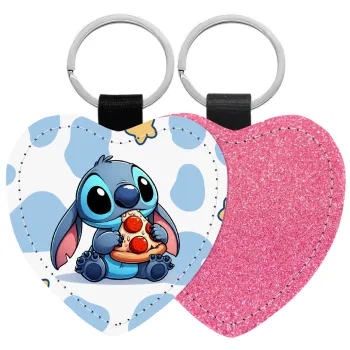 Stitch Pizza, Μπρελόκ PU δερμάτινο glitter καρδιά ΡΟΖ
