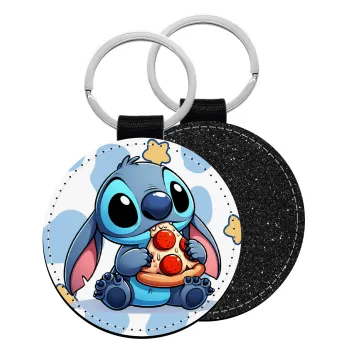 Stitch Pizza, Μπρελόκ Δερματίνη, στρογγυλό ΜΑΥΡΟ (5cm)