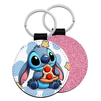 Stitch Pizza, Μπρελόκ Δερματίνη, στρογγυλό ΡΟΖ (5cm)