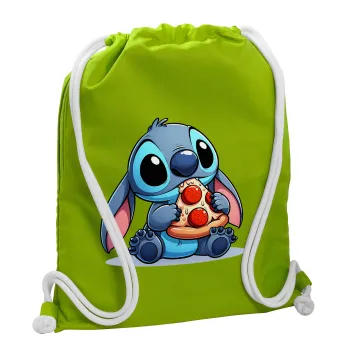 Stitch Pizza, Τσάντα πλάτης πουγκί GYMBAG LIME GREEN, με τσέπη (40x48cm) & χονδρά κορδόνια