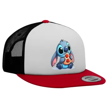 Stitch Pizza, Adult Foam Flat Snapback with Mesh Red-White-Black (POLYESTER, ADULT, UNISEX, ONE SIZE)