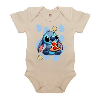 Stitch Pizza, Βρεφικό φορμάκι μωρού, 0-18 μηνών, Natural (Εκρού), 100% Organic Cotton, κοντομάνικο