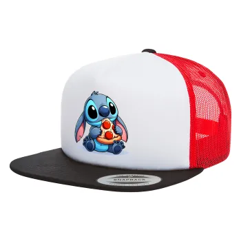 Stitch Pizza, Adult Foam Flat Snapback with Mesh Black-White-Red (POLYESTER, ADULT, UNISEX, ONE SIZE)