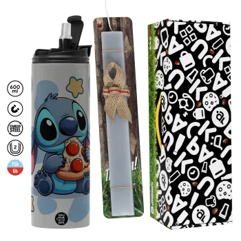 Stitch Pizza, Πασχαλινή Λαμπάδα με Travel Tumbler θερμό (600ml, BPA free) & κερί αρωματικό πλακέ (30cm) (ΓΚΡΙ)