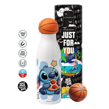 Stitch Pizza, Μπάλα μπάσκετ μεταλλικό παγούρι θερμός, διπλού τοιχώματος, 550ml
