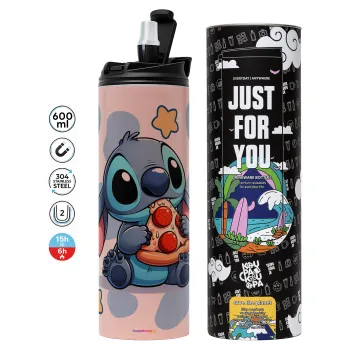 Stitch Pizza, Tumbler ποτήρι θερμό ΡΟΖ από ανοξείδωτο ατσάλι 600ml