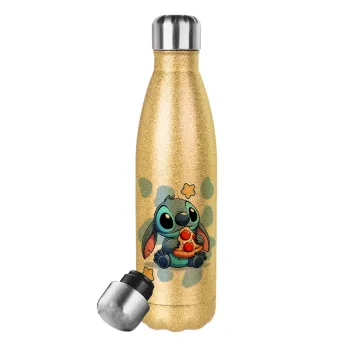 Stitch Pizza, Glitter gold stainless steel thermos bottle, double-walled, 500ml