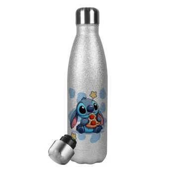 Stitch Pizza, Metallic Glitter Silver Thermos Flask (Stainless steel), double-walled, 500ml