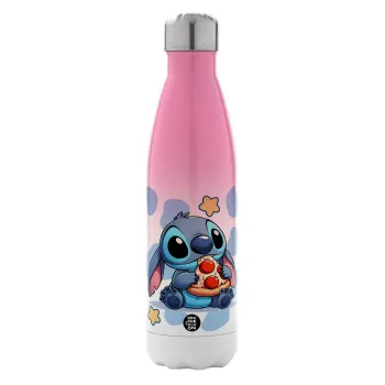Stitch Pizza, Metal mug thermos Pink/White (Stainless steel), double wall, 500ml