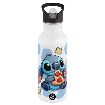 Stitch Pizza, Παγούρι νερού Λευκό με καλαμάκι, ανοξείδωτο ατσάλι 600ml