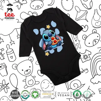 Stitch Pizza, Μακρυμάνικο βρεφικό φορμάκι, 0-18 μηνών, ΜΑΥΡΟ, 100% Organic Cotton