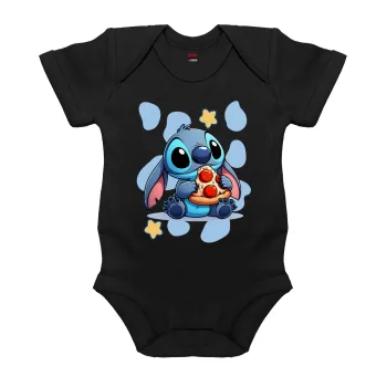 Stitch Pizza, Βρεφικό φορμάκι μωρού, 0-18 μηνών, ΜΑΥΡΟ, 100% Organic Cotton, κοντομάνικο